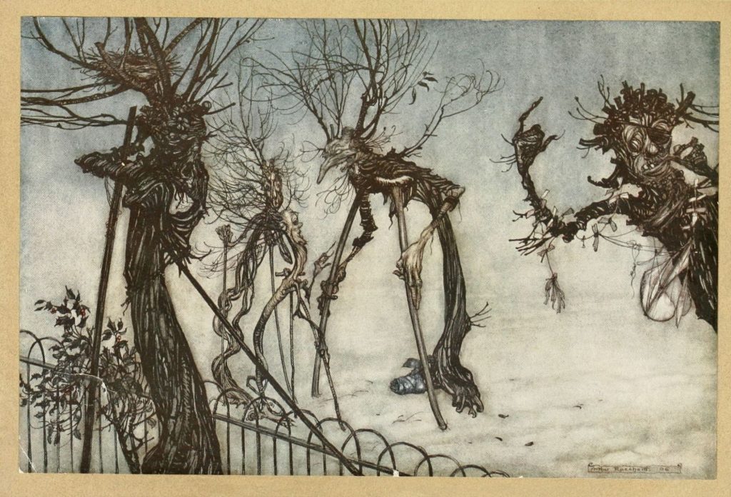 Peter Pan An elderberry hobbled across the walk, and stood chatting with some young quinces