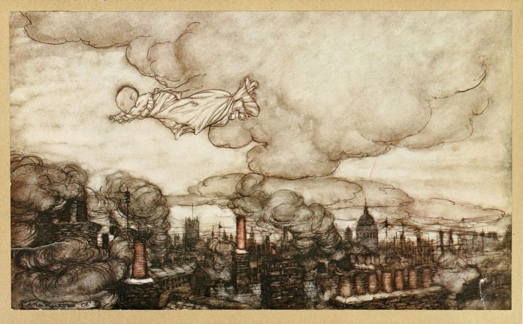Peter Pan Away he flew, right over the houses to the Gardens