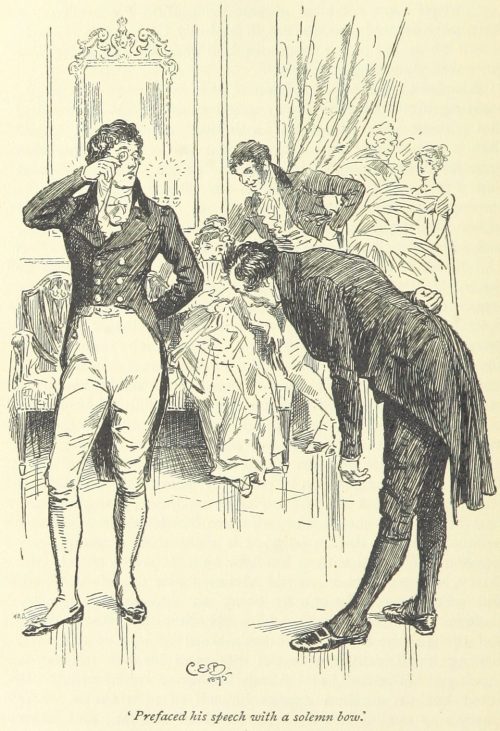 Jane Austen Pride and Prejudice - prefaced his speech with a solemn bow