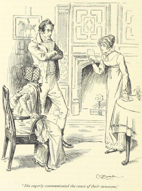 Jane Austen Pride and Prejudice - she eagerly communicated the cause of their summons