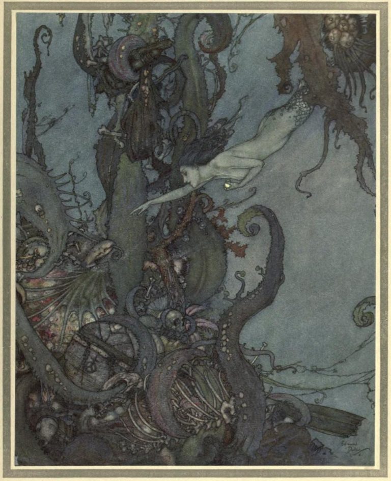 The Mermaid Illustration by Edmund Dulac - At the mere sight of the bright liquid