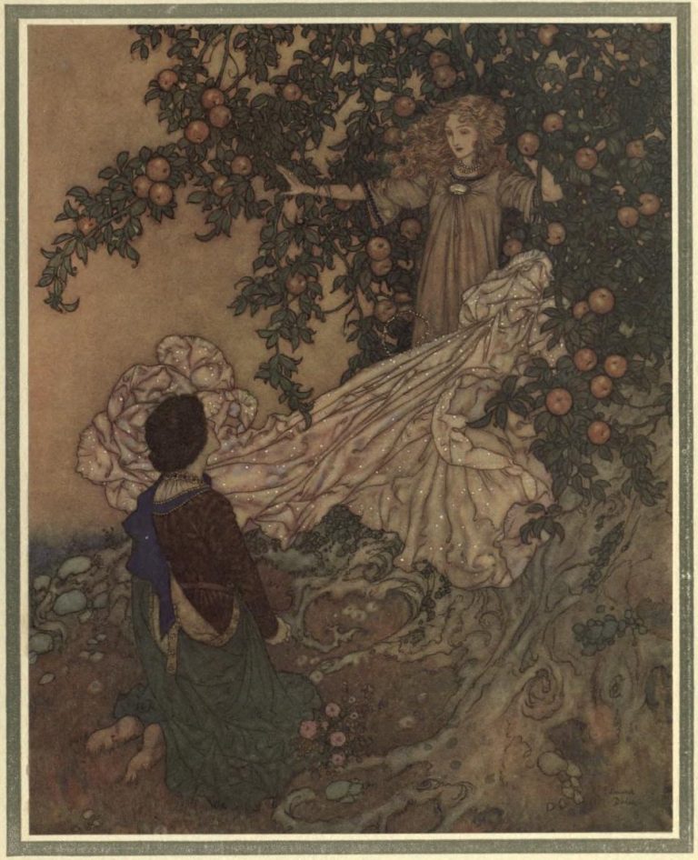 The Garden of Paradise Illustration by Edmund Dulac - The Fairy dropped her shimmering garment, drew back the branches, and a moment after was hidden within their depths