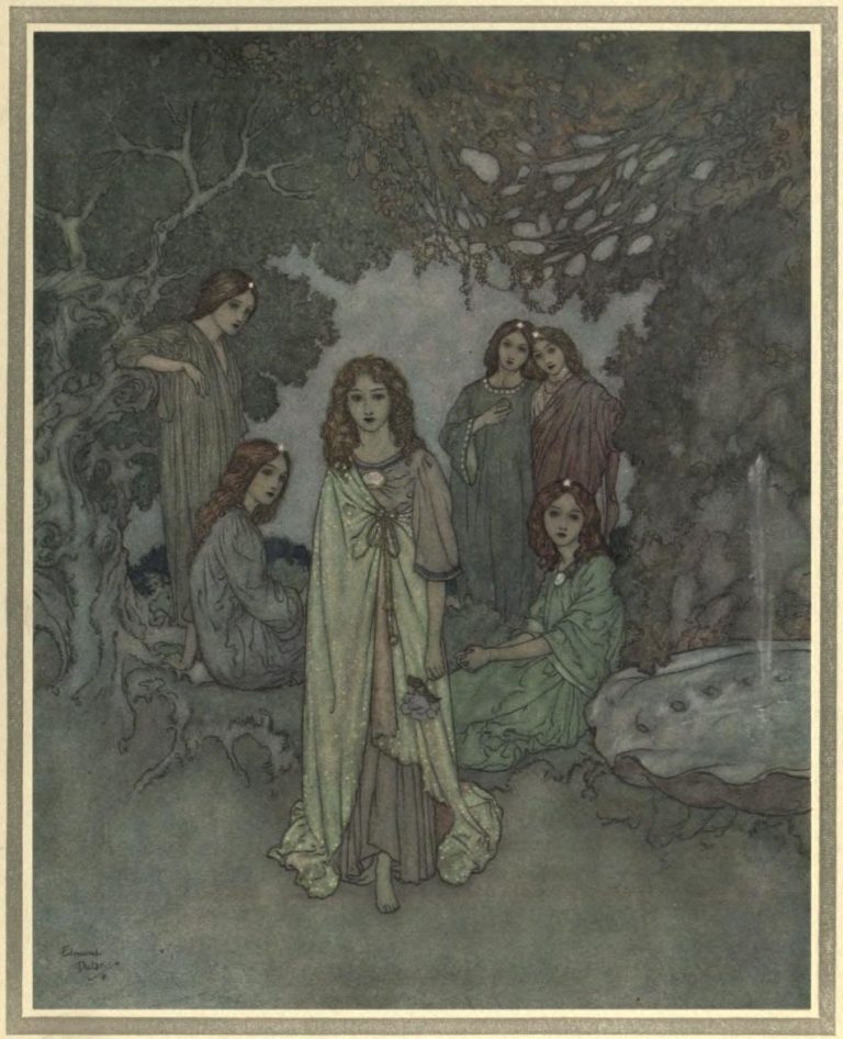 The Garden of Paradise Illustration by Edmund Dulac - The Fairy of the Garden now advanced to meet them
