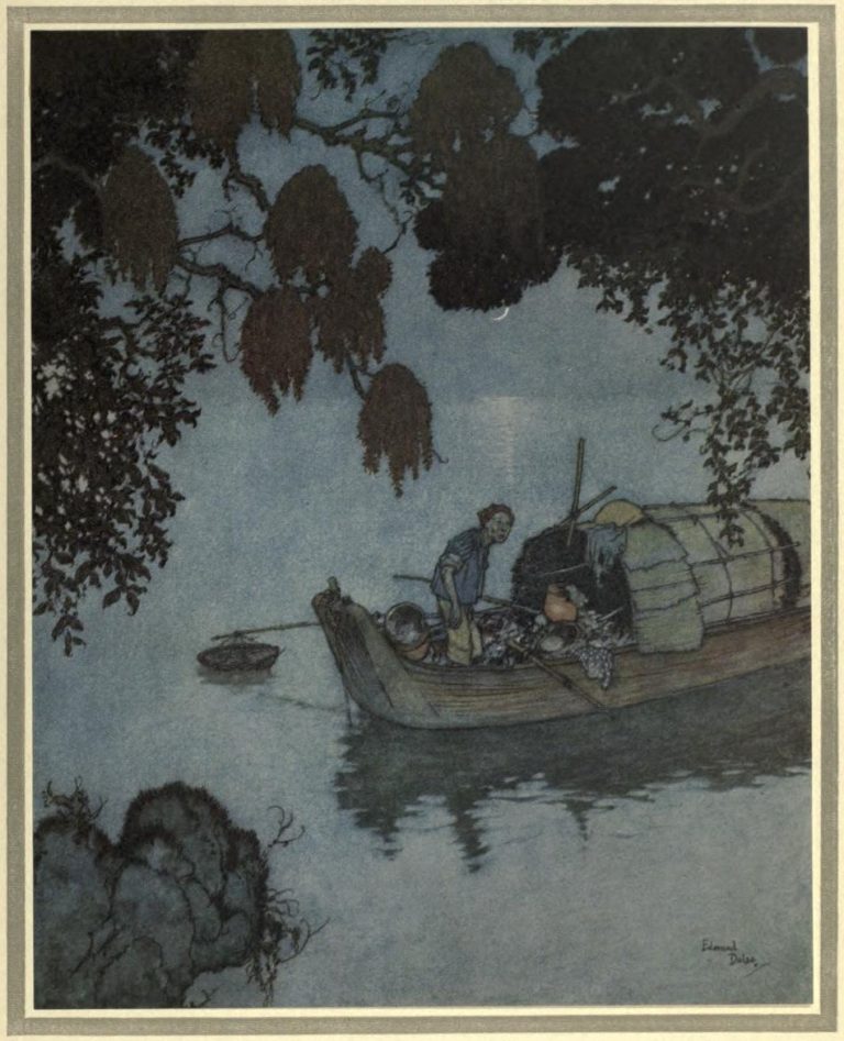 The Nightingale Illustration by Edmund Dulac - Even the poor fisherman lay still to listen to it
