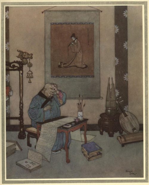 The Nightingale Illustration by Edmund Dulac - The music-master wrote five-and-twenty volumes about the artificial bird