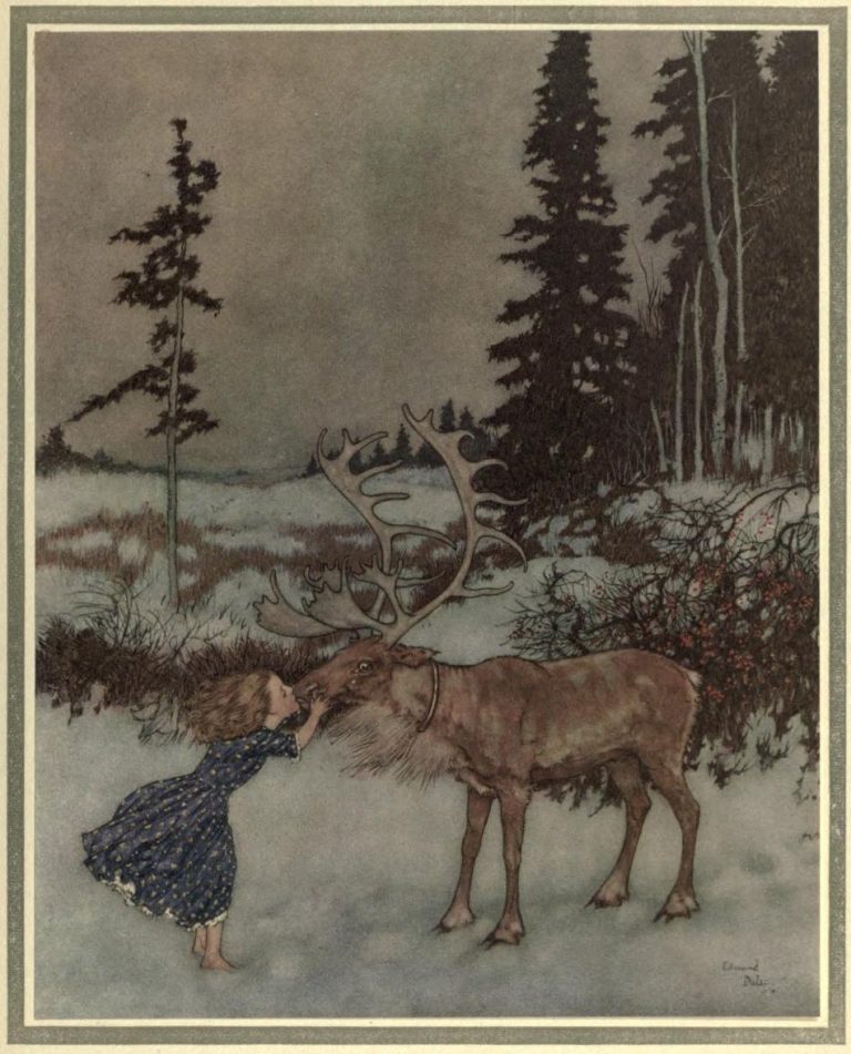 The Snow Queen Illustration by Edmund Dulac - Kissed her on the mouth, while big shining tears trickled down its face