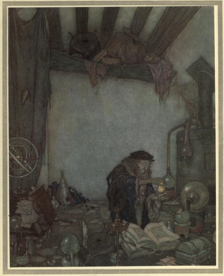 The Winds Tale Illustration by Edmund Dulac - He lifted it with a trembling hand and shouted with a trembling voice: 'Gold! gold!'