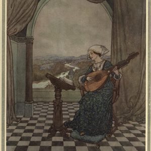 The Winds Tale Illustration by Edmund Dulac - She played upon the ringing lute, and sang to its tones