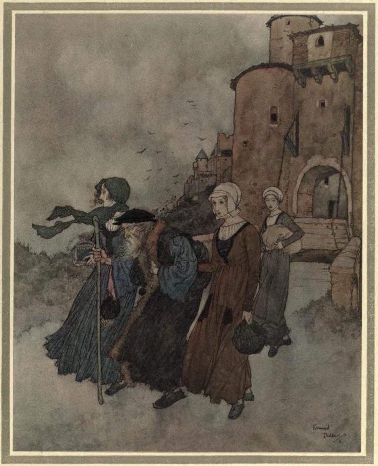 The Winds Tale Illustration by Edmund Dulac - with his three daughters, the once wealthy gentleman walked out