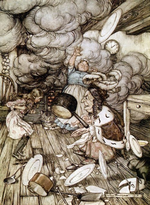 Alice's Adventures in Wonderland - An unusually large saucepan flew close by it, and very nearly carried it off Illustration by Arthur Rackham