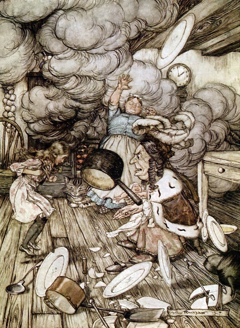 Alice's Adventures in Wonderland - An unusually large saucepan flew close by it, and very nearly carried it off Illustration by Arthur Rackham