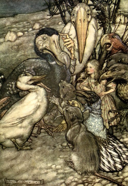 Alice's Adventures in Wonderland - They all crowded round it panting and asking, But who has won? Illustration by Arthur Rackham