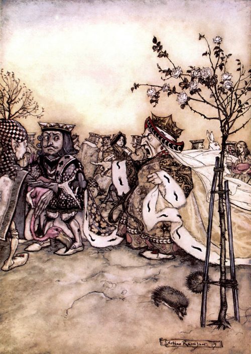 Alice's Adventures in Wonderland - The Queen never left off quarrelling with the other players, and shouting Off with his head! or, Off with her head! Illustration by Arthur Rackham