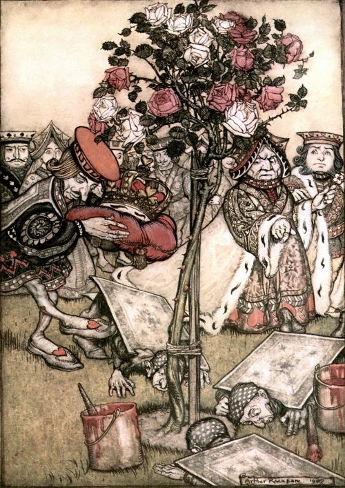 Alice's Adventures in Wonderland - The Queen turned angrily away from him and said to the Knave, Turn them over Illustration by Arthur Rackham