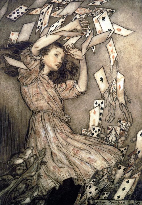 Alice's Adventures in Wonderland - At this the whole pack rose up into the air, and came flying down upon her Illustration by Arthur Rackham