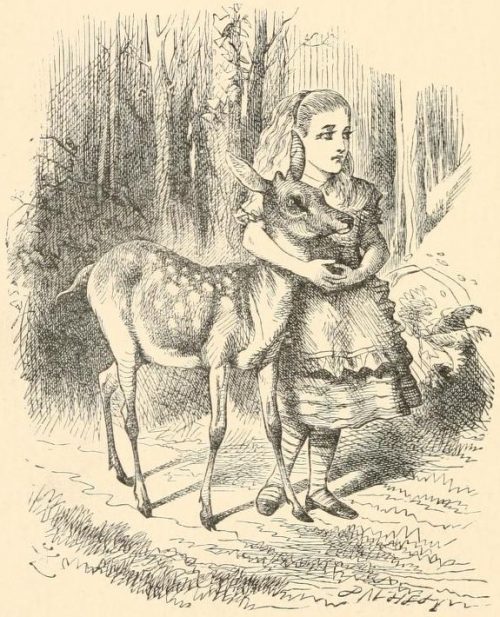 Through the Looking-Glass - Alice with her arms clasped lovingly round the soft neck of the Fawn