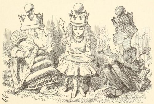 Through the Looking-Glass - The Red Queen and the White Queen sitting close to Alice