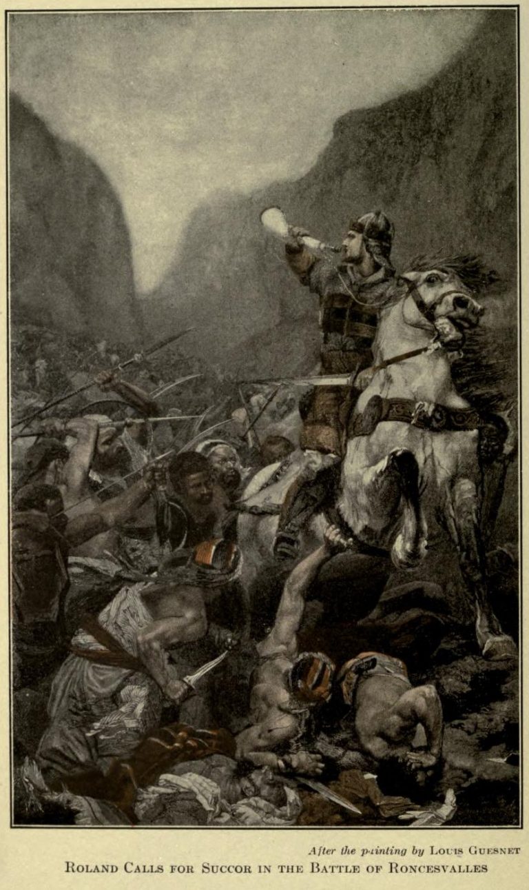 Roland Calls for Succor in the Battle of Roncesvalles After the painting by Louis Guesnet