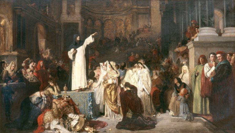 Savonarola Preaching in Denunciation of Luxury, Vice and Corruption in Florence. End of XV Century. After painting (1879) by Ludwig Von Langenmantel