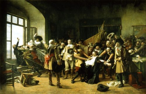 The Imperial Counsellors are Thrown Out of the Window by the Bohemian Delegates painting by Václav Brožík