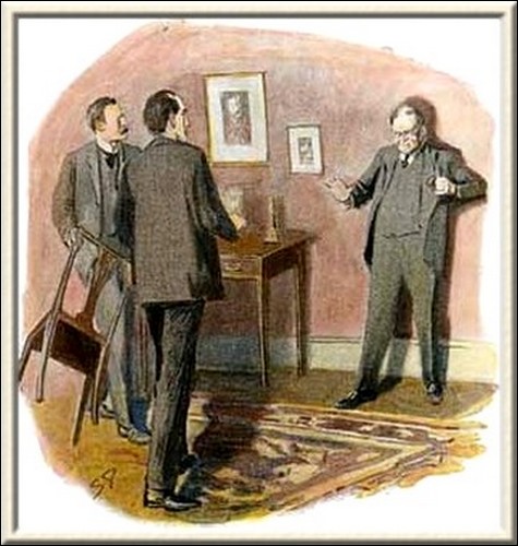 Sherlock Holmes Charles Augustus Milverton exhibiting the butt of a large revolver, which projected from the inside pocket