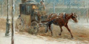 Vintrig boulevardscen med hästdroska Painting by Nils Kreuger