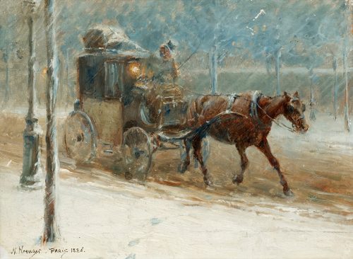 Vintrig boulevardscen med hästdroska Painting by Nils Kreuger